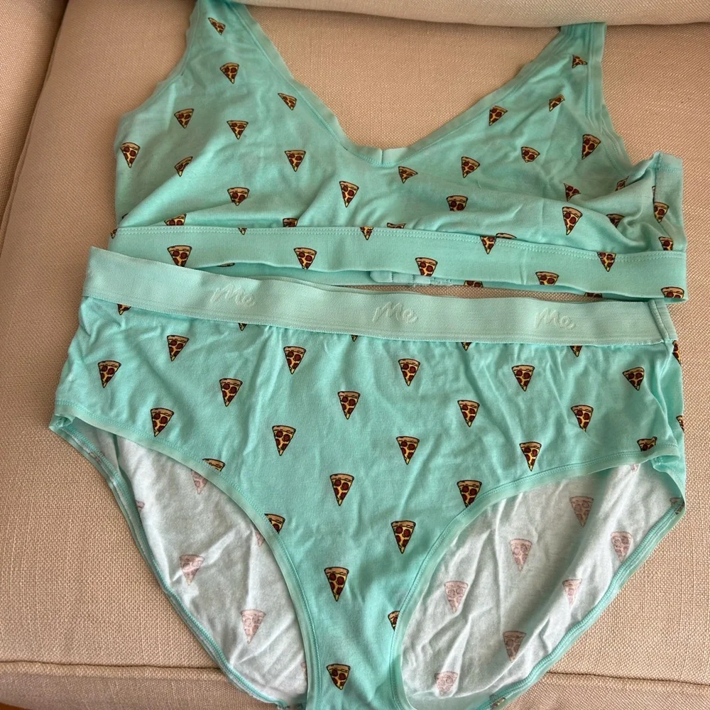 MeUndies Pizza Print Panties SZ Large & Matching Bralette XL Organic Cotton - Picture 1 of 4